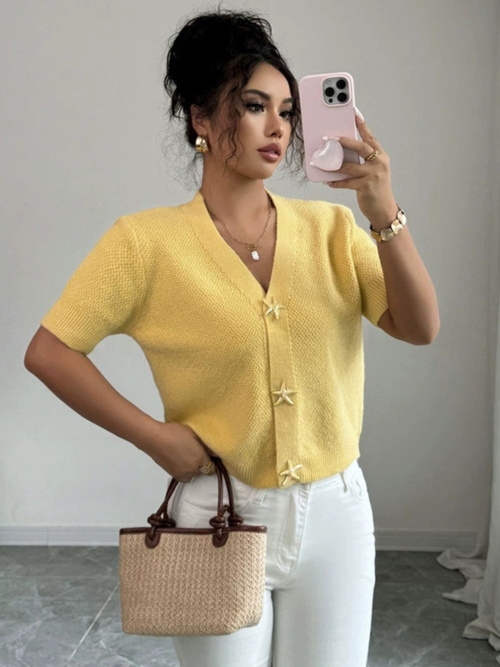 ZARA Fall Star Collar Knit Cardigan Yellow Buttons Simple Stylish